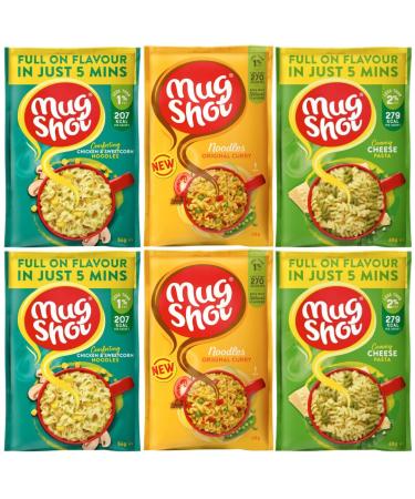 Chicken & Sweetcorn Noodles 54g x2 With Original Curry Noodles 68g x2 & Creamy Cheese Pasta 68g x2 - Bundle Consisting of Mug Shot Noodles 6 Pack