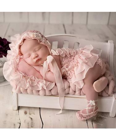 Yuehuam Newborn Photography Prop Girl Outfits Baby Lace Romper Hat Pillow Shoes Set Infant Photoshoot Skirt Clothes Pink