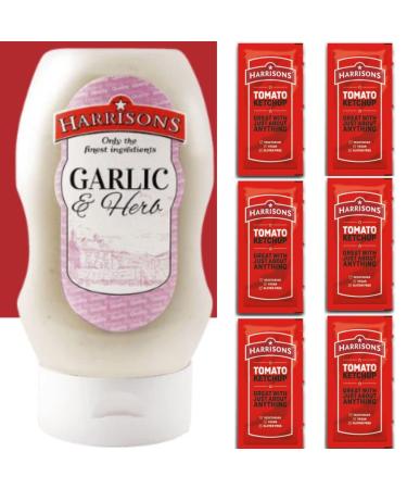Harrison Garlic and Herb Sauce Pack of 1 Garlic Sauce Bottle 6 Sachets of Tomato Ketchup - No Artificial Color or Flavor Made in UK