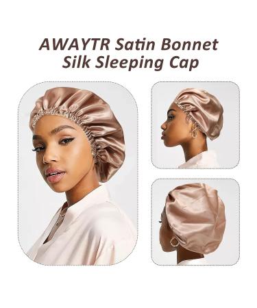 Satin Bonnet Silk Sleeping Cap - Reversible Large Hair Wrap for Curly Hair - Women/Girls Champagne+Coffee - Buy Online on SooperMarket.com