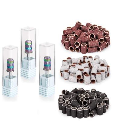 MEDILOE 300 Pcs Sanding Bands for Nail Drill 80#120#180# Grits Nail Sanding Bands with 3 Pcs Nail Drill Bits 3/32 Inch for Manicures Pedicures Care Nail Accessories