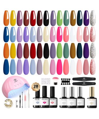 Modelones 28 Colors Gel Nail Kit With 48W Nail Lamp 45pcs Soak Off Nail Gel Manicure Set Gel Nail Starter Kit No Wipe Base & Top Coat Bond Primer Diy Home Nail Curing Gift For Women Orange Red