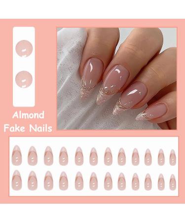 Buy MISUD Almond Press on Nails - Medium Stiletto Glossy Chrome Acrylic Bling French Tip - 24 pcs Nude Pink | International Shipping Available - Buy Online on SooperMarket.com