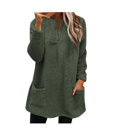 AMhomely Ladies Womens Soft Teddy Fleece Hooded Jumper Plus Size Double Fleece Casual Hoodies With Pocket V Neck Soft Fleece Hooded Sweatshirts Plain Pullover Tops Winter Lightweight Lounge Tops 02 Army Green XXL