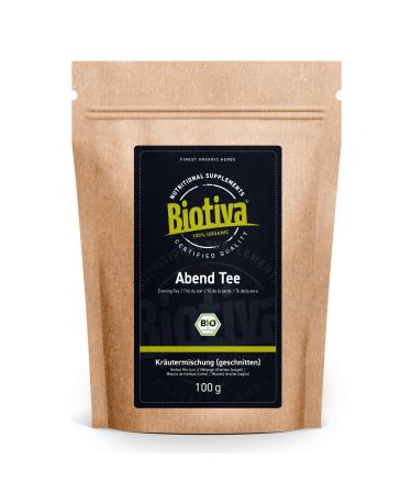Biotiva Evening Tea Organic 100g - Cut - Herbal Tea - Lemon Balm BlackBerry Leaves Lemongrass Chamomile Valerian Root hop Blossoms coneflower Blossoms and Rose Blossoms