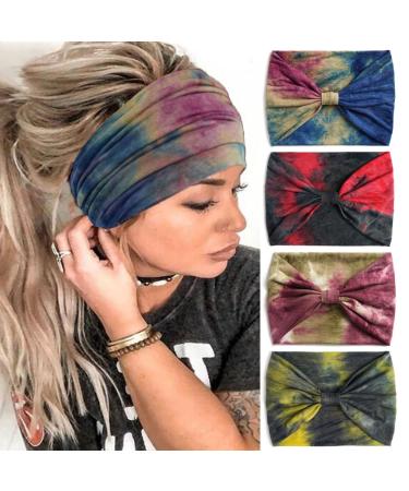 CAKURE Boho Wide Headbands Tie-Dyed Head Bands Thick Head Wraps Knotted Hairbands Elastic Non-Slip Turban SweatBands Hair Fashion Bands for Women and Girls Pack of 4 (Type A)