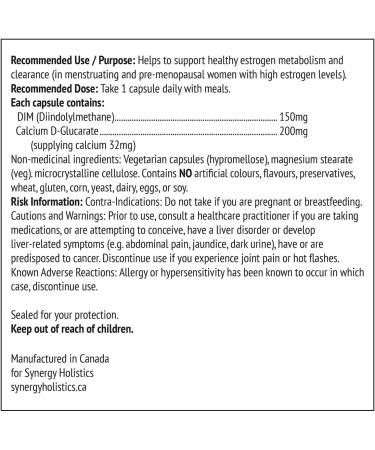 Synergy Holistics DIM Synergy - Dim Supplement with Calcium D-Glucarate Supports Desirable Estrogen Metabolism and Clearance Hormone Balance Supplement for Women 150mg DIM & 200mg Calcium D-Glucarate - 60 Veg Caps - Buy Online on SooperMarket.com