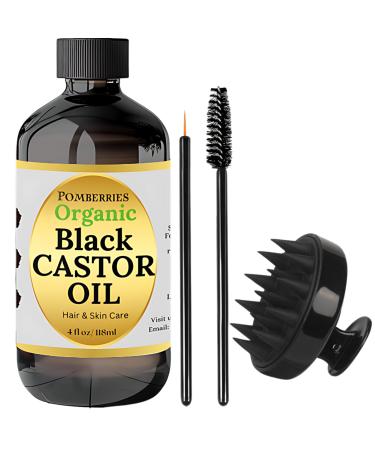 Organic Black Castor Oil - 100% Pure Hexane-Free Cold-Pressed Promotes Thicker Fuller Hair Eyelashes Eyebrows Hair Growth Oil Natural Hair Treatment + Scalp Massager - 4 fl oz Glass Bottle