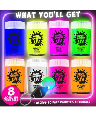 Blue Squid Fluorescent Glow Face & Body Paint Kit - Set of 8 Neon Colors for UV & Blacklight | Includes Free UV Flashlight | Festive Glowing Makeup - Buy Online on SooperMarket.com