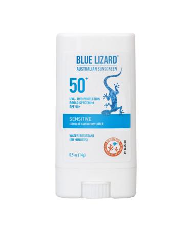 BLUE LIZARD Sensitive Mineral Sunscreen Stick with Zinc Oxide, SPF 50+, Water Resistant, UVA UVB Protection Easy to Apply, Fragrance Free, 0.5 Oz