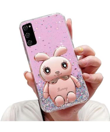Tivenfezk nadoli for samsung galaxy s20 hare hidden stand shell caricature glitter rabbits stand soft silicone bling cell phone case transparent protective cover samsung galaxy s20 pink