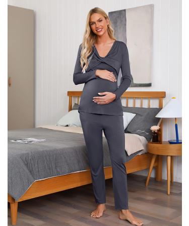 Irdcomps Women's Maternity Pyjamas Set - Cotton Nursing Nightwear PJ for Breastfeeding - Long Sleeve Sleepwear for Pregnancy - Dark Grey - Size L - Buy Online on SooperMarket.com