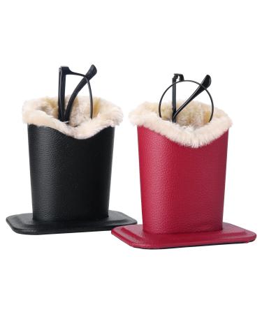 Bivisen Eyeglass Holder Modern Velvet Plush Lining PU Leather Eyeglass Holder Case Black + Burgundy