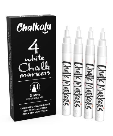 White Chalk Markers Fine Tip (4 Pack 3mm) - Wet & Dry Erase Chalk Pens for Blackboard, Chalkboards, Windows, Signs, Glass, Bistro - 3mm Reversible Bullet & Chisel Point Fine Tip - 4 Pens