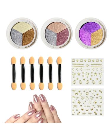 3Pcs nail art powder metal titanium powder glitter nail art mirror nail glitter powder magic mirror effect for nail art design decoration with 6 eyeshadow sticks