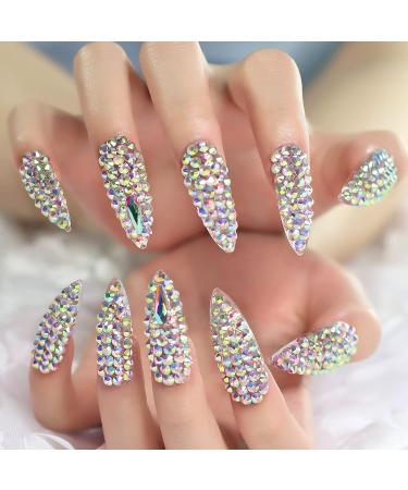 3D Rhinestone Full Cover Super Long Stiletto Fake Nails Set for Wedding Party - Luxury Manicure Nail Art Tips - Buy Online on SooperMarket.com