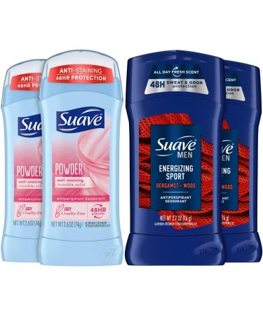 Suave Deodorant Bundle Women s Antiperspirant Deodorant Invisible Solid Powder 2-Pack + Men s Antiperspirant Deodorant Energizing Sport Bergamot + Wood 2-Pack 48H Protection