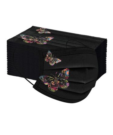 50Pcs Butterfly Printed Black Disposable_Face_Masks for Adult,3-ply Face Protection Covering with Elastic Earloop and Nose Clip,Comfortable & High Filtration &Ventilation (D)