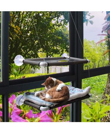 Cat Window Perch Deluxe Double Layer with Free Fleece Blanket & Toys | Large Cat Hammock for 55 lbs Cats | Space-Saving Sunbathing Bed - Buy Online on SooperMarket.com