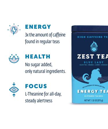 Zest Tea Blue Lady Black Tea - High Caffeine Energy Blend | 135mg per Serving | Keto-Friendly | 15 Sachets - Buy Online on SooperMarket.com
