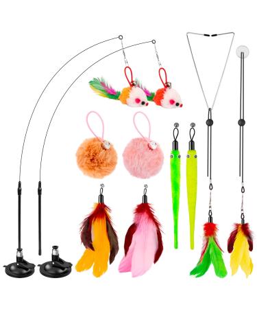 Cat Toys Wand, HOSFROLL Interactive Cat Toy with Super Suction Cup Sticky Detachable 12 PCS Feather Replacements 2 Wands Cat Spring Feather Toys for Indoor Cats Kitten Toys 10 Toy Replacement