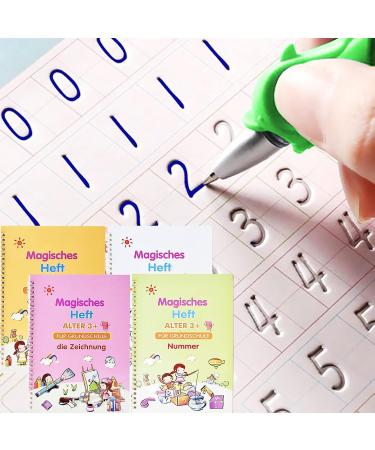 Qianshouyan 4 pieces German magical booklet exercise book with pen 26x18cm reusable handwriting for children calligraphy numbers drawing letters learn to write