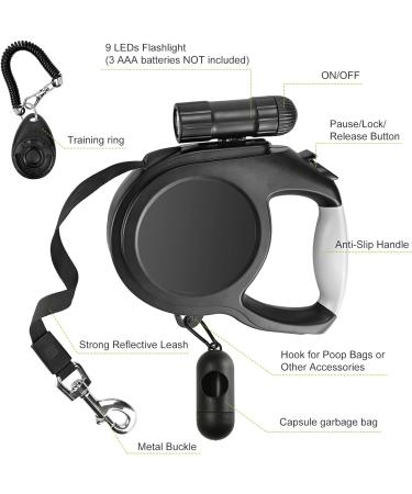 Retractable Dog Lead 8M/26ft Extendable Dog Lead Extendable with Non-Slip Handle & Adjustable Dog Lead with LED Flashlight Waste Dispenser Bags One-Hand Brake for Night Walking Running Jogging Black - Buy Online on SooperMarket.com