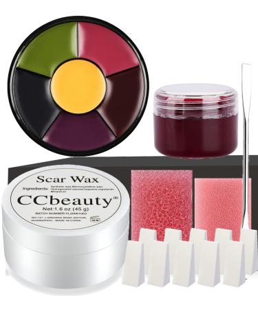 CCbeauty Halloween SFX Makuep Kit  6 Colors Bruise Wheel with Fake Wound Modeling Scar Wax (1.6Oz)+Spatula Tool+Coagulated Blood Gel+Stipple Sponge+10 Sponges for Special Effects Stage Costume Makeup