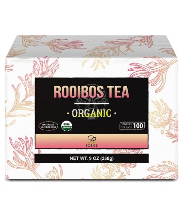 Soeos Rooibos Tea, Rooibos Tea Organic, Rooibos Tea Bags (100 Count), Naturally Sweet Herbal Tea, Caffeine Free, USDA Organic, Red Rooibos Tea Farmed in South Africa 9oz (250g)