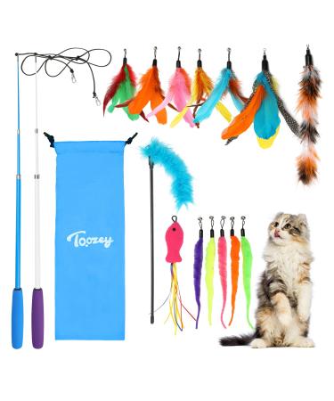 Toozey cat toys 16 pieces cats toys with 2 pcs sunk interactive cat fishing and 14 pcs feather/bug/fish replacement with bells bonus storage bag blue storage bag set