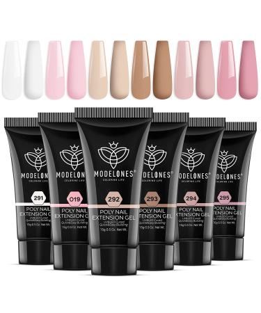 Modelones polygel set with 6 colors nude white pink poly gel nail yourself set quick extension building acrylic gel for starter nail art nail design yourself make Valentine's Day polygel set 003 15 ml (1 Pack)