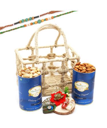 Ghasitaram Gifts Rakhi Gifts for Brothers Jute Check Basket of Almonds Pistachios and Roli Chawal Thali with 2 Green Beads Rakhis