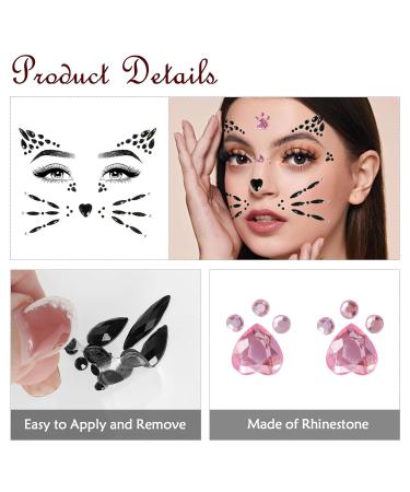 Cat Face Gems & Rhinestones for Women & Kids | Stick-On Whiskers & Body Gems | Perfect for Rave & Halloween Makeup - 4 Sheets - Buy Online on SooperMarket.com