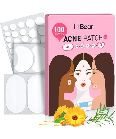 LitBear Pimple Patches Large Acne Patches for Face Chin or Body Acne Spot Treatment with Tea Tree & Calendula Oil Hydrocolloid Bandages for Acne Skin (100 Patches)