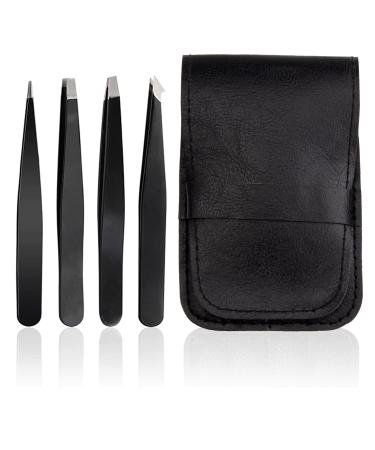 Stadux Professional Eyebrow Tweezers for Facial Hair Women 4Pcs Tweezers Set for Men & Women Precision Tweezers for Grooming Facial Hair Plucking Brows and Ingrown Hair Black (Pack of 4)
