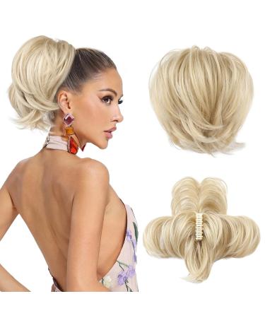REECHO Messy Bun Hair Piece Claw Clip Hair Bun Short Ponytail Extension with Bendable Metal Wire Fake Bun Hair Pieces for Women - Blonde with Highlights
