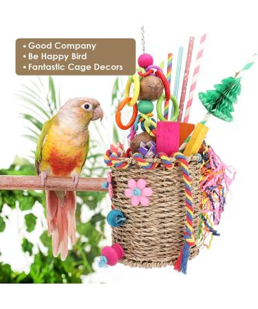 YIXUND Seagrass Foraging Basket Bird Toy with Colorful Crinkly Paper and Wooden Blocks - Ideal for Small & Medium Parrots - DIY Honeycomb Tree Design - Buy Online on SooperMarket.com