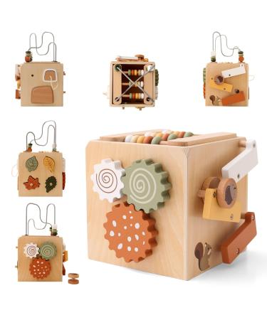 Youuu's motor cubes made of wood 5 in 1 motor toys baby toys motor skills wooden toys activity center Montessori educational toys for toddlers baby 5 brown