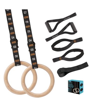 Vulken Wooden Gymnastic Rings with Adjustable Numbered Straps. 1.1'' Olympic Rings for Core Workout and Bodyweight Training. Home Gym Rings 1600lbs with Workout Handles