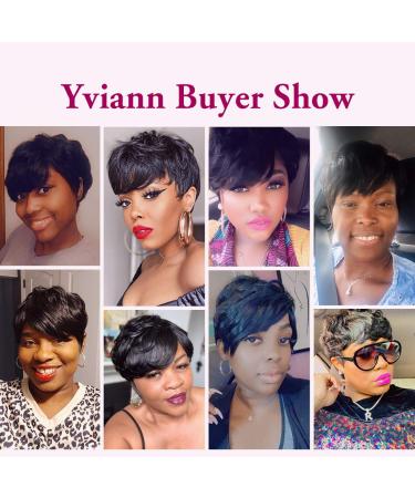 Yviann Short Black Wavy Pixie Cut Human Hair Wig with Bangs for Women - 1B Color - Buy Online on SooperMarket.com