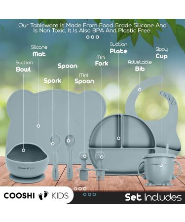 Cooshi Kids Baby Self Feeding Tableware Set - Suction Plate, Bowl, Sippy Cup, Bib, Placemat, Cutlery Set - 9 Piece Blue Set for Easy Weaning - Buy Online on SooperMarket.com