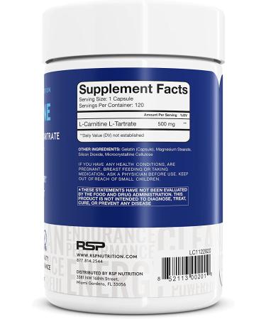 RSP L-Carnitine 500mg Weight Loss Supplement - Non-Stimulant Metabolism Booster for Men and Women - Amino Acid Workout Diet Pills - 120 Capsules - Buy Online on SooperMarket.com