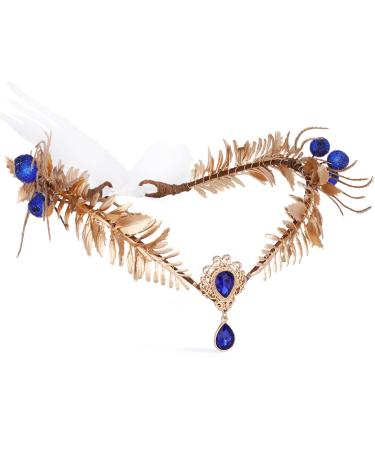 MOSTORY Fairy Gold Leaf Crown Goddess Headpiece Elf Woodland Headband Blue Crystal Pendant Circlet Tiara for Women Reneaissance Halloween Hair Accessories Princess Cosplay Costumes