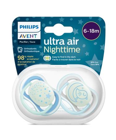 Philips Avent Ultra Air Nighttime Schnuller-2-person pack BPA-free breathable breathable shining pacifier for babies from 6-18 months including transport and sterilization box blue/gray