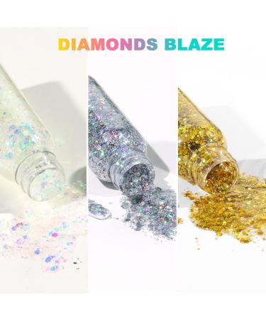 URAQT Body Glitter Gel Set - Holographic Mermaid Sequins & Chunky Cosmetic Glitter for Face, Body, Hair & Nails - Sparkling Festival Party Lotion - White, Silver & Gold - 3Pcs - Buy Online on SooperMarket.com
