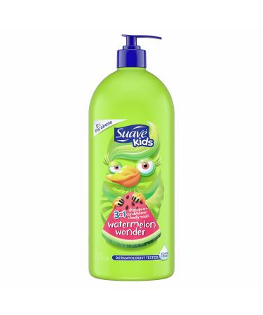 Suave Kids 3 in 1 Shampoo Conditioner Body Wash For Tear-Free Bath Time, Watermelon Wonder, Dermatologist-Tested Kids Shampoo 3 in 1 Formula 40 oz