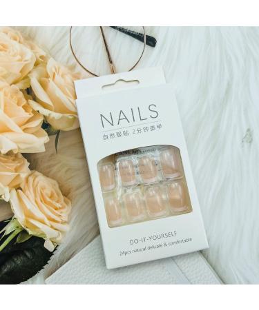 24PCS Glossy French Tip Press-On Acrylic Nails Set - Nude Pink Short Coffin Style with Glue | Full Cover Stick-On False Nails for Women and Girls - Buy Online on SooperMarket.com