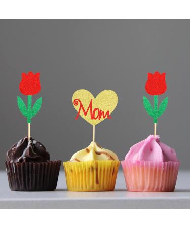 Arthsdite Happy Mothers Day Cupcake Toppers Flower Cupcake Picks Love Mom Heart Cake Decoration Party Supplies for Mother's Day Party Decorations Supply- Red Glitter Red Flower - Buy Online on SooperMarket.com