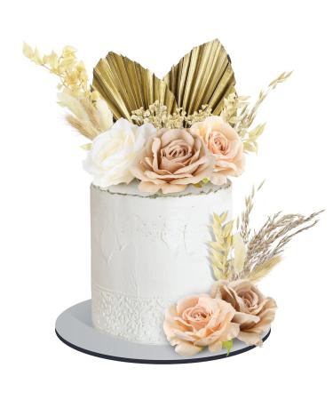 28 Pcs Boho Cake Topper Decorations Vintage Artificial Rose Flowers Leaves for Cake Decorating Kit Dried Faux Flower Decor for Bohemian Wedding Bridal Baby Shower Birthday Party Supplies (Natural)