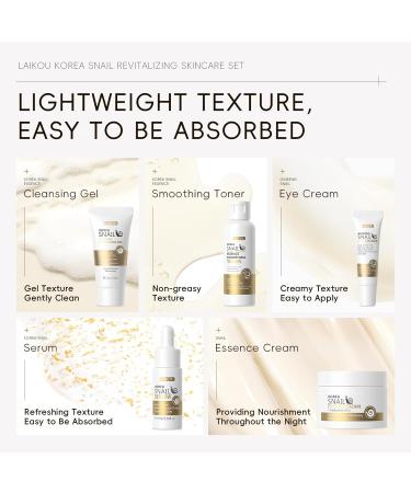 LAIKOU Korea Snail Mucin Skincare Set Gift Set for Teenage Girls Women Snail Mucin Cleanser Toner Face Serum Eye Cream Moisturiser Enhance Elasticity Smooth Fine Lines & Refine Pores Travel Kit - Buy Online on SooperMarket.com